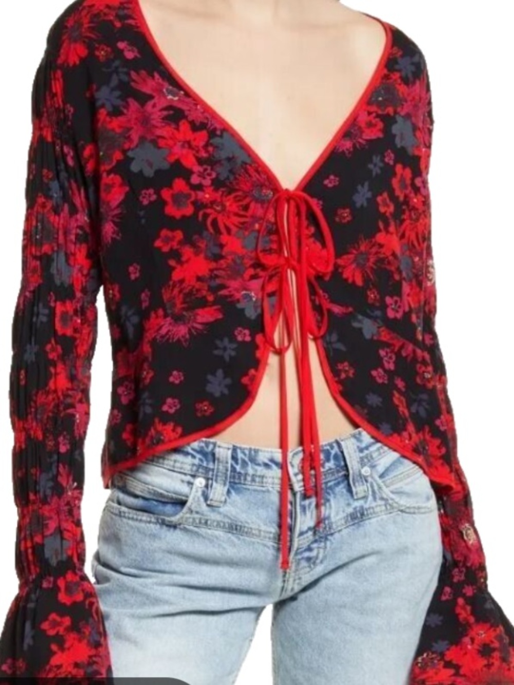 Free People Venice Black and Red Floral Tie-Front Top